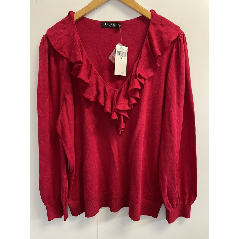 LAUREN RALPH LAUREN Women's Plus 2X Ruffle-Trim Red Sweater Puff Sleeve